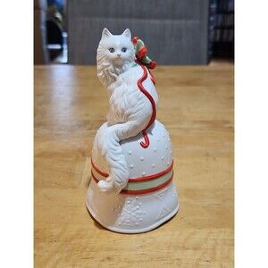 Vintage 1988 Enesco White Cat with Holly Bow Holiday Bell EUC